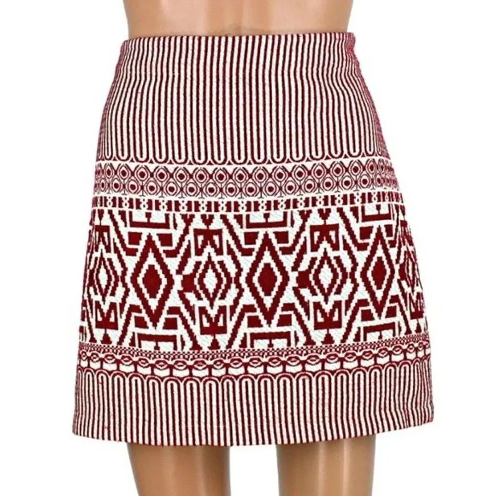Skirt A-Line Above Knee Woven Tapestry Native Print Red & White Women's Med